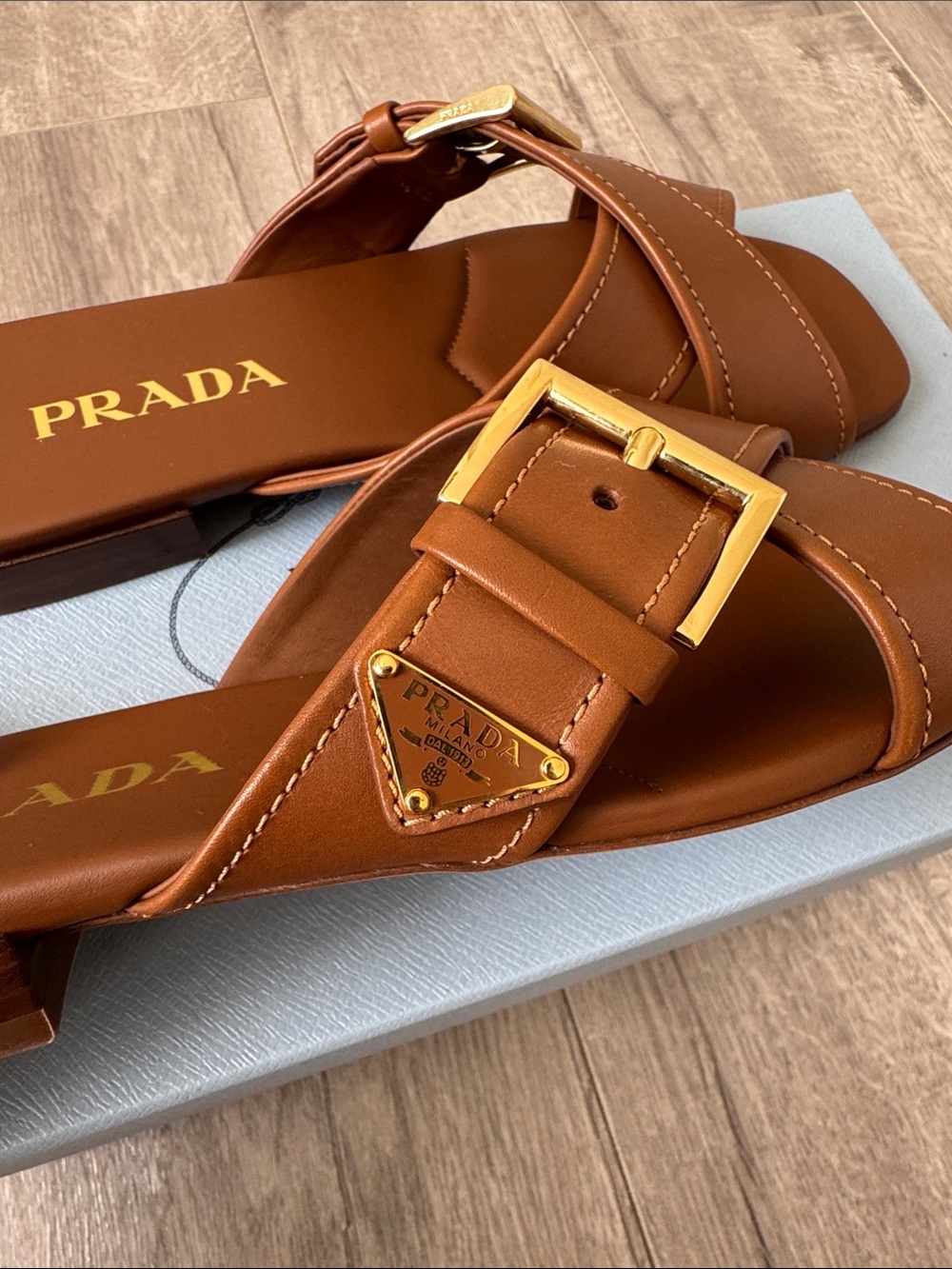 Prada Crisscross Leather Slide Sandals Brown Gold Logo Buckle 37.5 NWT - Picture 10 of 13